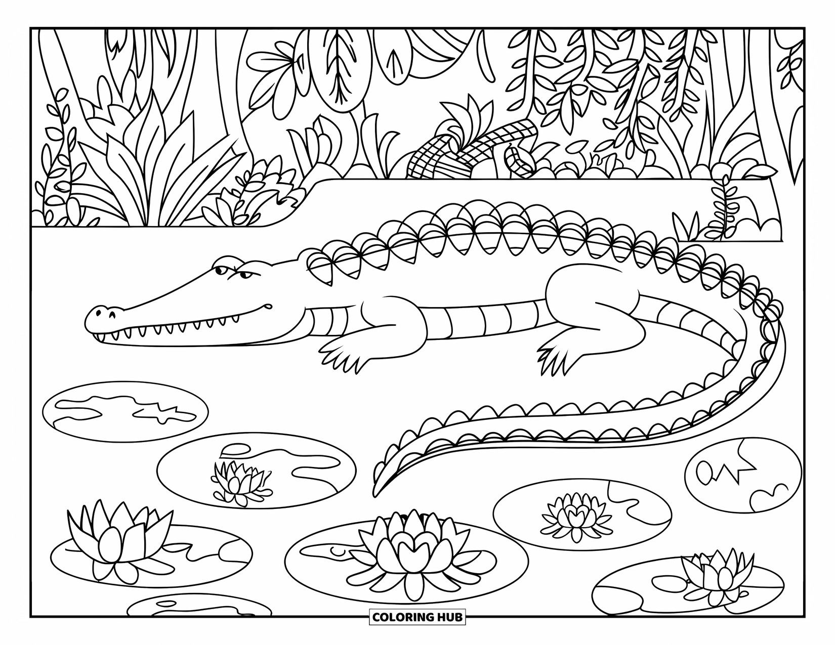 Jungle Animals Coloring Page for Adults: Crocodile near pond framed with mandala lily designs and dense jungle