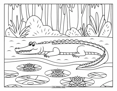 Dschungeltier-Ausmalbild für Erwachsene: Krokodil ruht an einem Dschungelteich mit gemusterten Seerosen