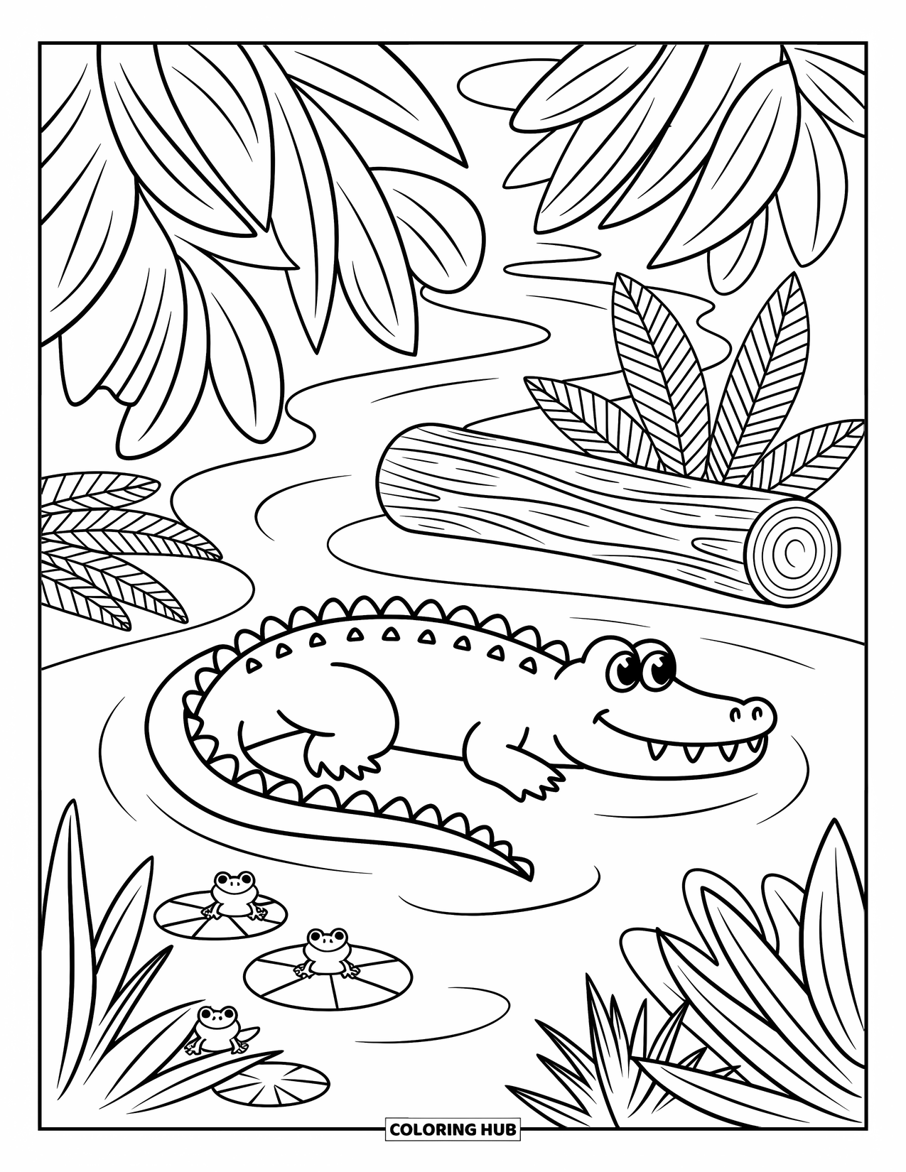 Jungle Animals Coloring Page for Adults: Crocodile resting in a river with tropical plants, logs, and tiny frogs