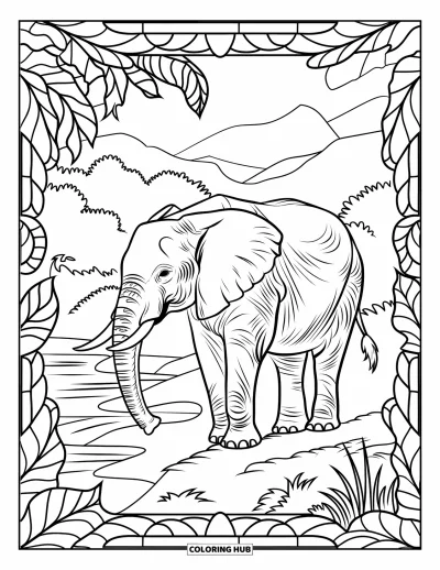 Dschungeltier-Ausmalbild für Erwachsene: Elefant steht nahe einem Fluss umrahmt von Dschungelblättern im Buntglas-Stil