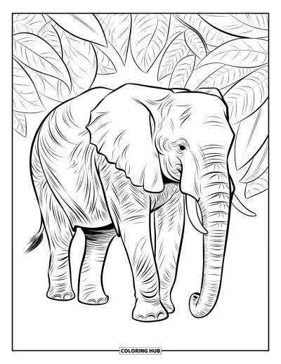 Dschungeltier-Ausmalbild für Erwachsene: Elefant umgeben von Dschungelblättern im Buntglas-Muster