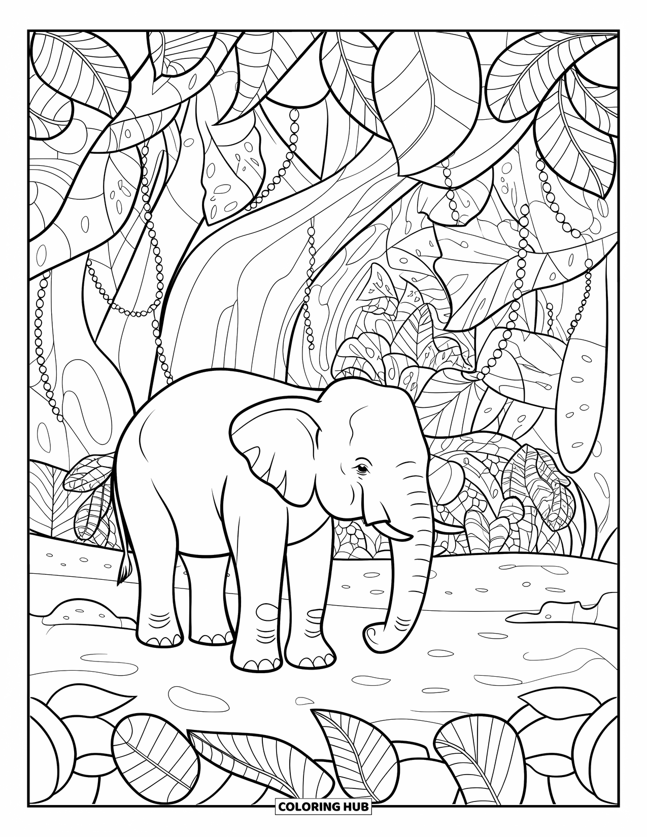 Jungle Animals Coloring Page for Adults: Elephant walking along jungle path with stained glass leaves above