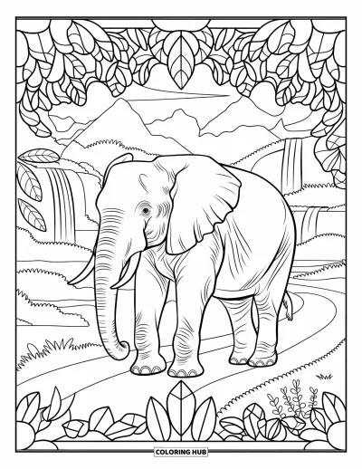 Dschungeltier-Ausmalbild für Erwachsene: Elefant durchquert Dschungel umrahmt von Blättern im Buntglas-Stil