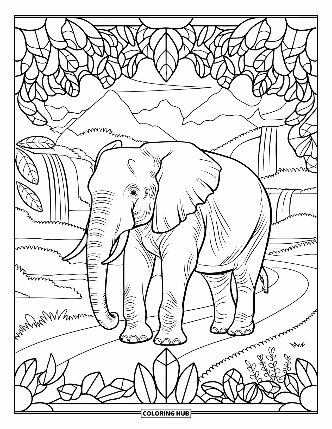 Jungle Animals Coloring Page for Adults: Elephant walking through jungle framed by stained glass leaves