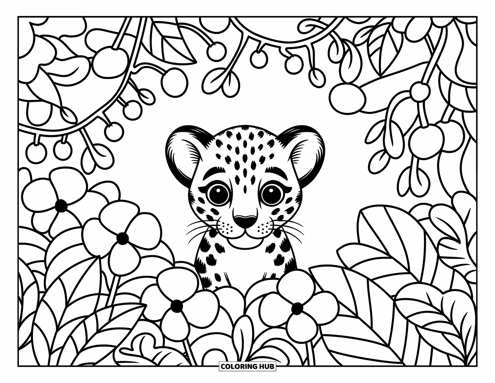 Jungle Animals Coloring Page for Adults: Jaguar cub peeking from shrubs with large leaves and hanging fruits above