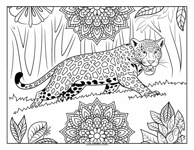 Dschungeltier-Ausmalbild für Erwachsene: Jaguar schleicht durch Dschungellaub mit detaillierten Blumenmustern