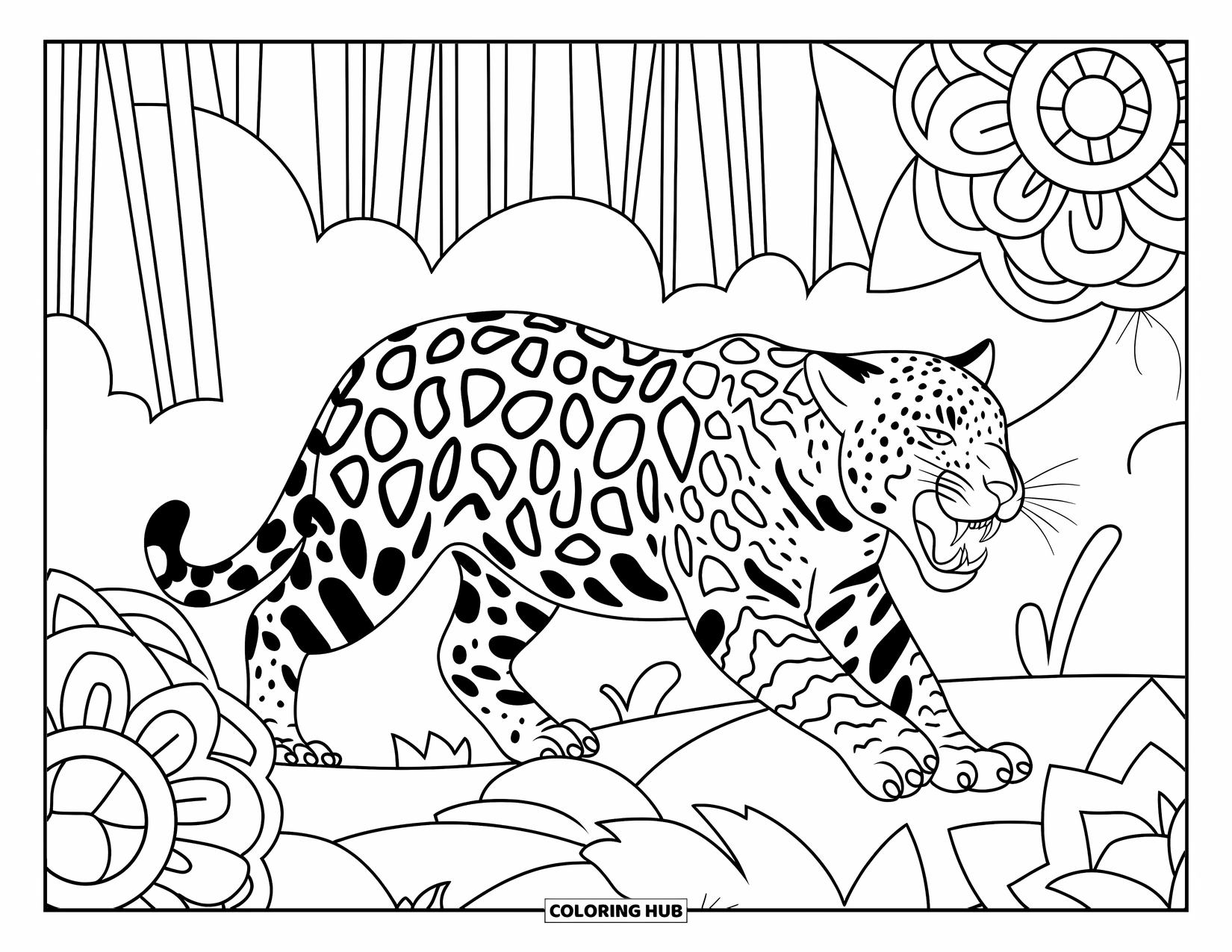 Jungle Animals Coloring Page for Adults: Jaguar showing sharp teeth surrounded by floral mandalas and tall trees