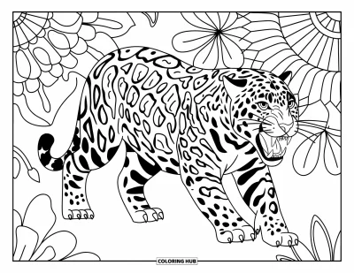 Dschungeltier-Ausmalbild für Erwachsene: Jaguar mit geöffnetem Maul schleicht an großen Dschungelblumen vorbei