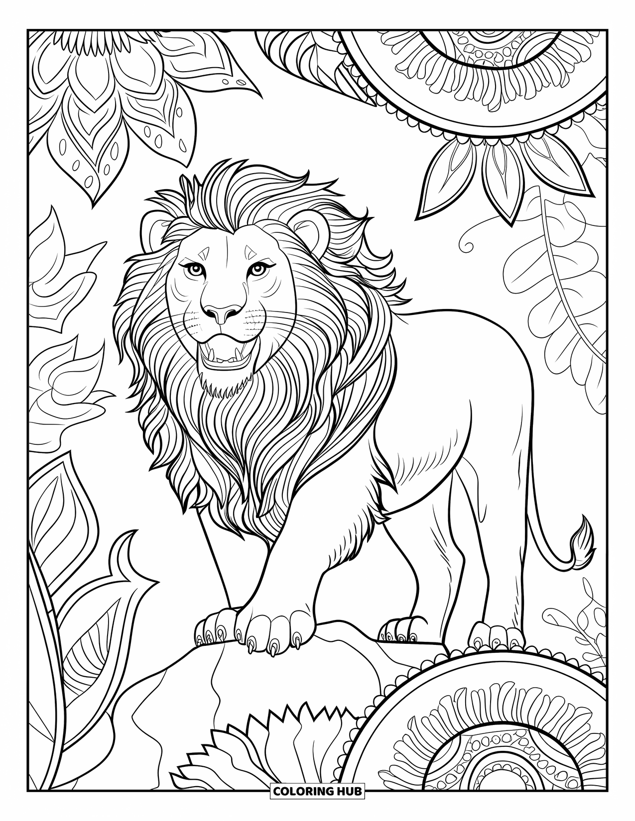Jungle Animals Coloring Page for Adults: Lion in jungle framed by lush greenery and floral mandalas