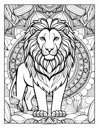 Dschungeltier-Ausmalbild für Erwachsene: Majestätischer Löwe umgeben von botanischen Mandalas im Dschungel