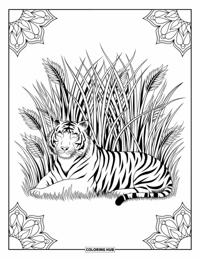 Dschungeltier-Ausmalbild für Erwachsene: Tiger liegt im hohen Dschungelgras mit Mandala-Mustern