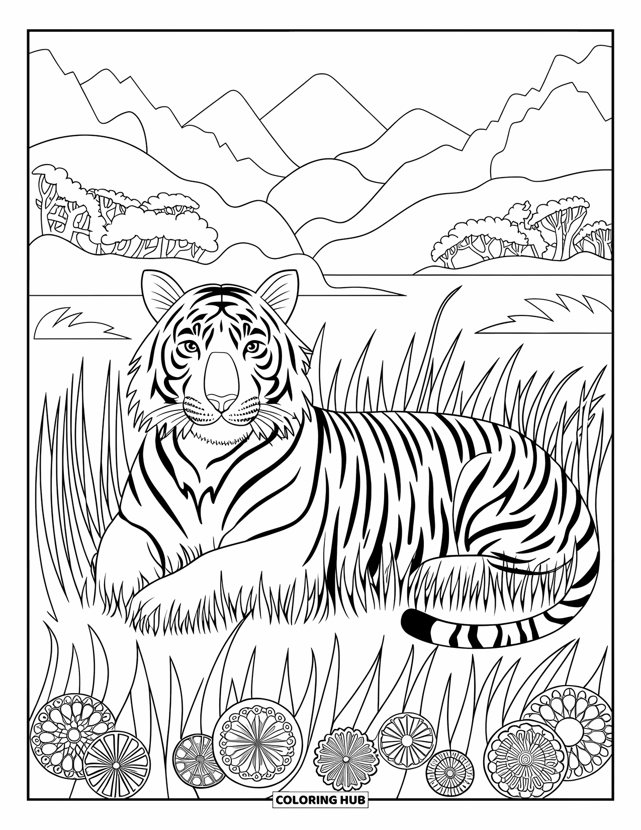 Jungle Animals Coloring Page for Adults: Tiger resting peacefully in tall grass with floral borders
