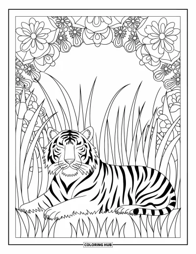 Dschungeltier-Ausmalbild für Erwachsene: Tiger mit geschlossenen Augen ruht zwischen hohem Gras und Blumen