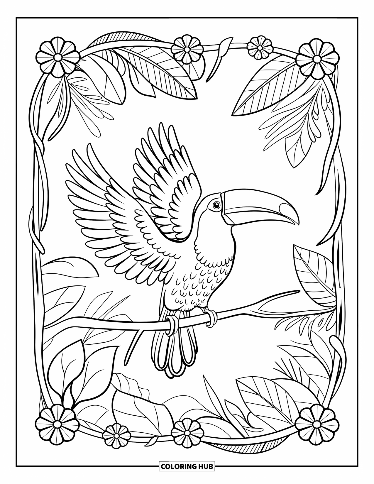 Jungle Animals Coloring Page for Adults: Toucan on branch framed by circular floral patterns