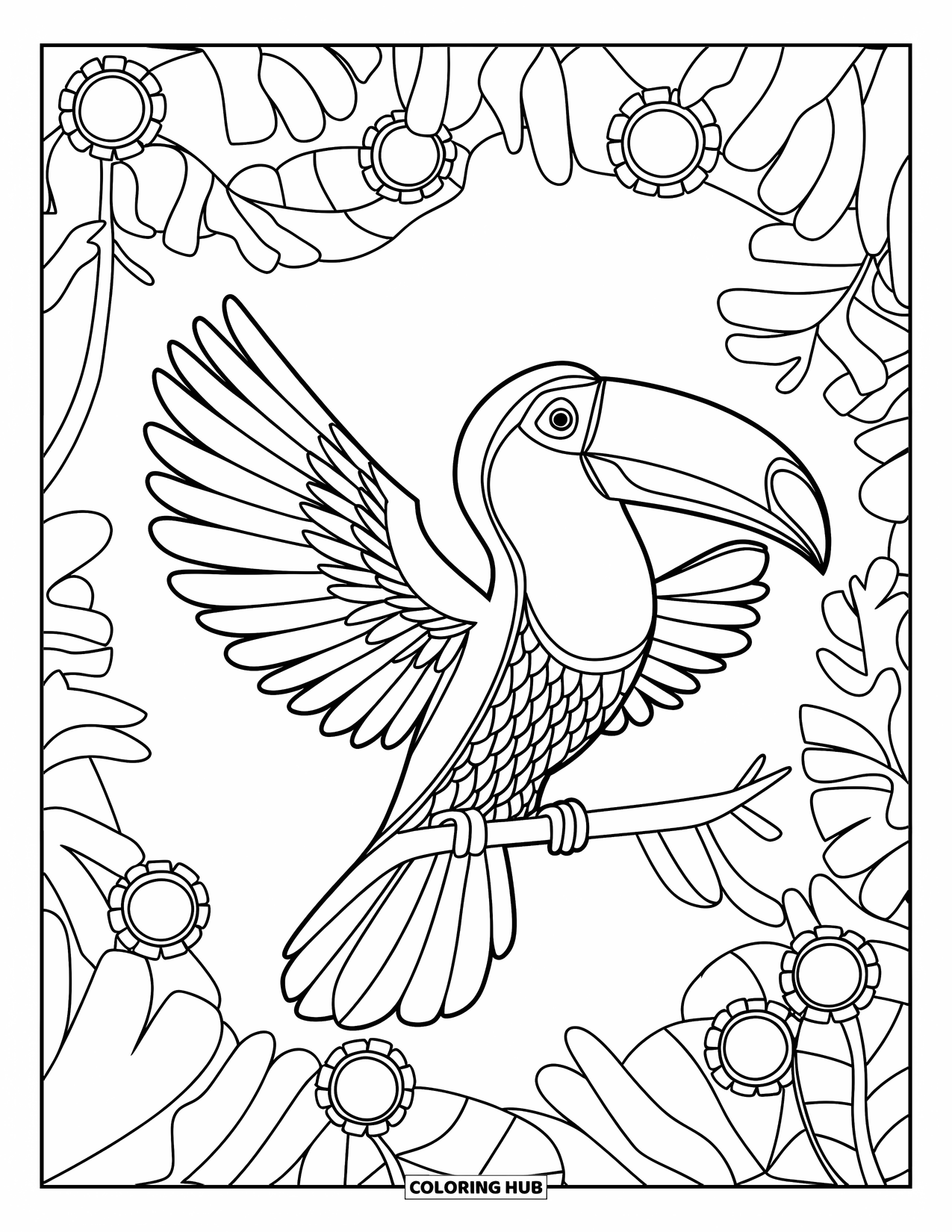 Jungle Animals Coloring Page for Adults: Toucan perched on branch with wings spread in jungle
