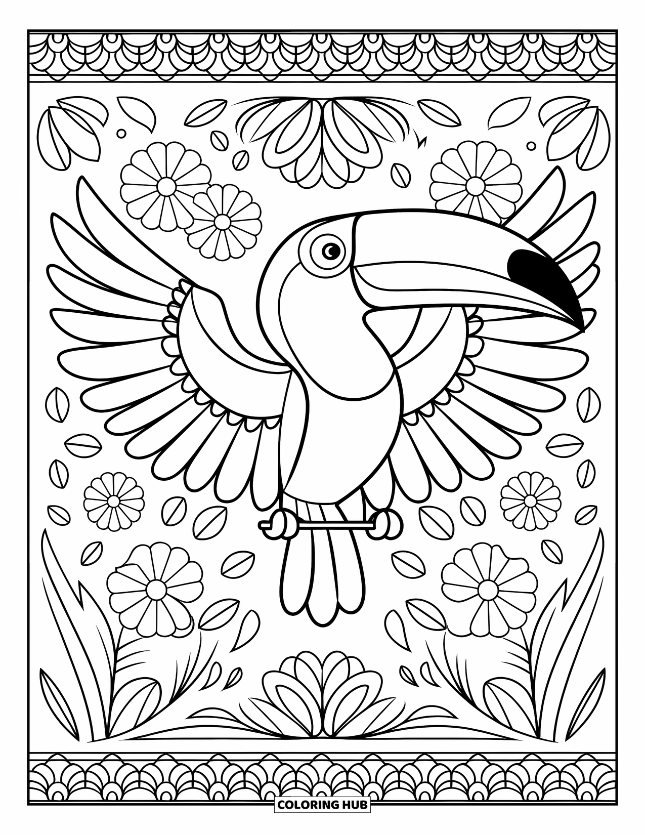 Jungle Animals Coloring Page for Adults: Toucan perched with wings spread surrounded by decorative jungle flowers