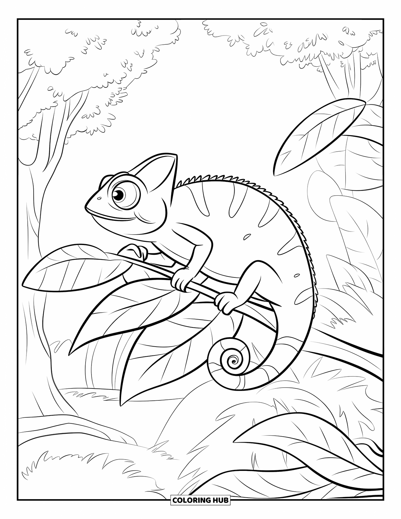Jungle Animals Coloring Page for Kids: Chameleon clinging to a branch among textured jungle leaves