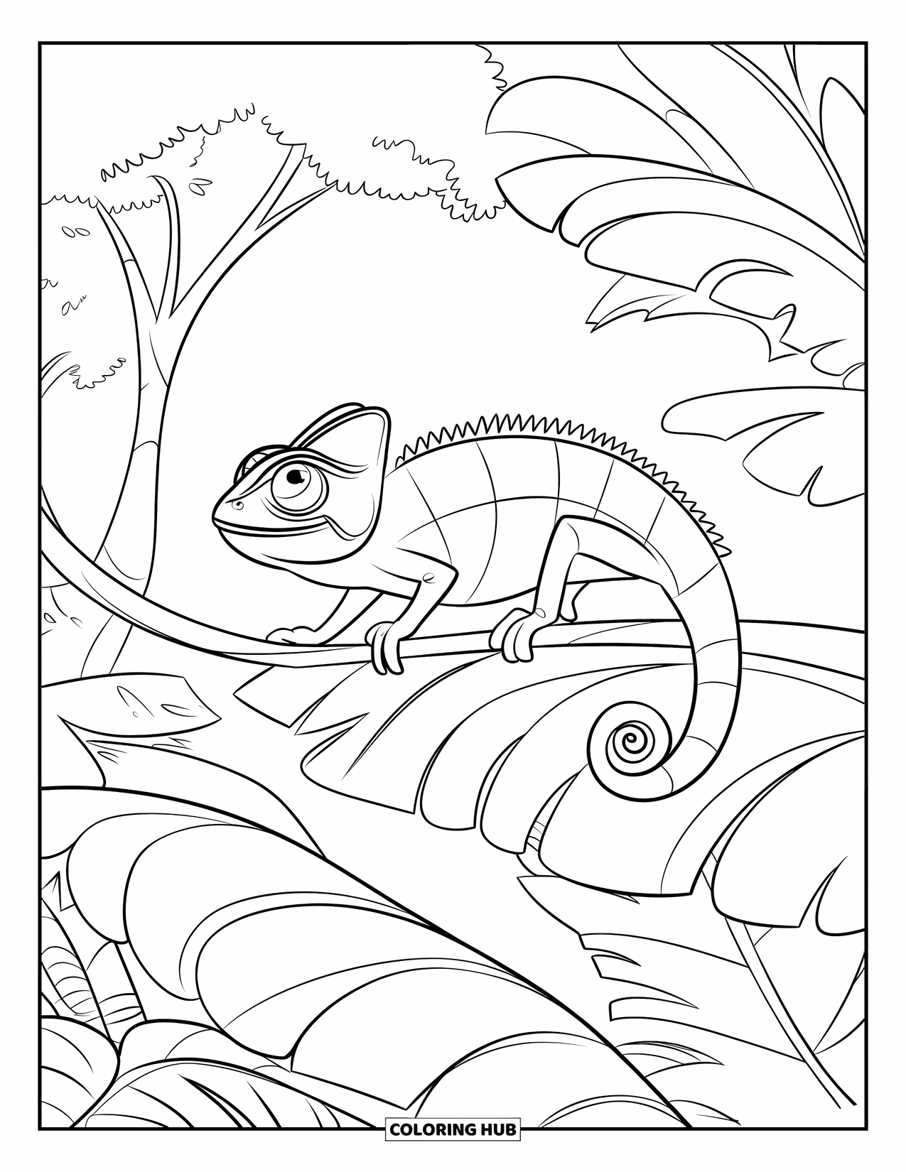 Jungle Animals Coloring Page for Kids: Chameleon hiding in jungle leaves with wide eyes open