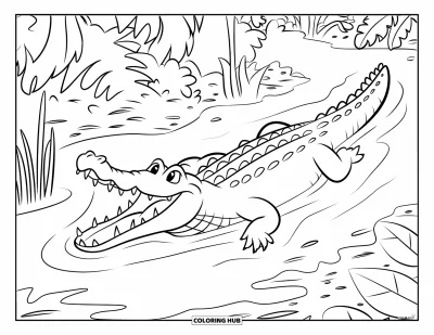Dschungeltier-Ausmalbild für Kinder: Krokodil mit scharfen Zähnen schwimmt durch dichtes Dschungelwasser