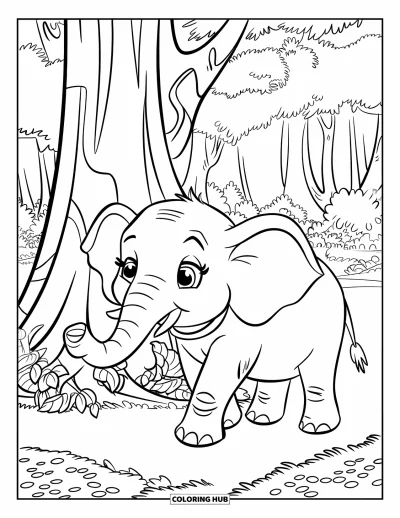 Dschungeltier-Ausmalbild für Kinder: Elefant neben einem Baum mit großen Dschungelblättern
