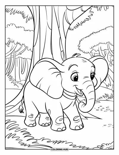 Dschungeltier-Ausmalbild für Kinder: Elefant mit Halsband läuft unter einem breiten Dschungelbaum