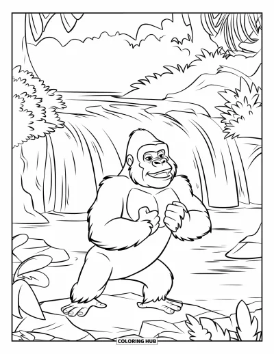Dschungeltier-Ausmalbild für Kinder: Gorilla brüllt auf Felsen neben einem nebligen Dschungelwasserfall