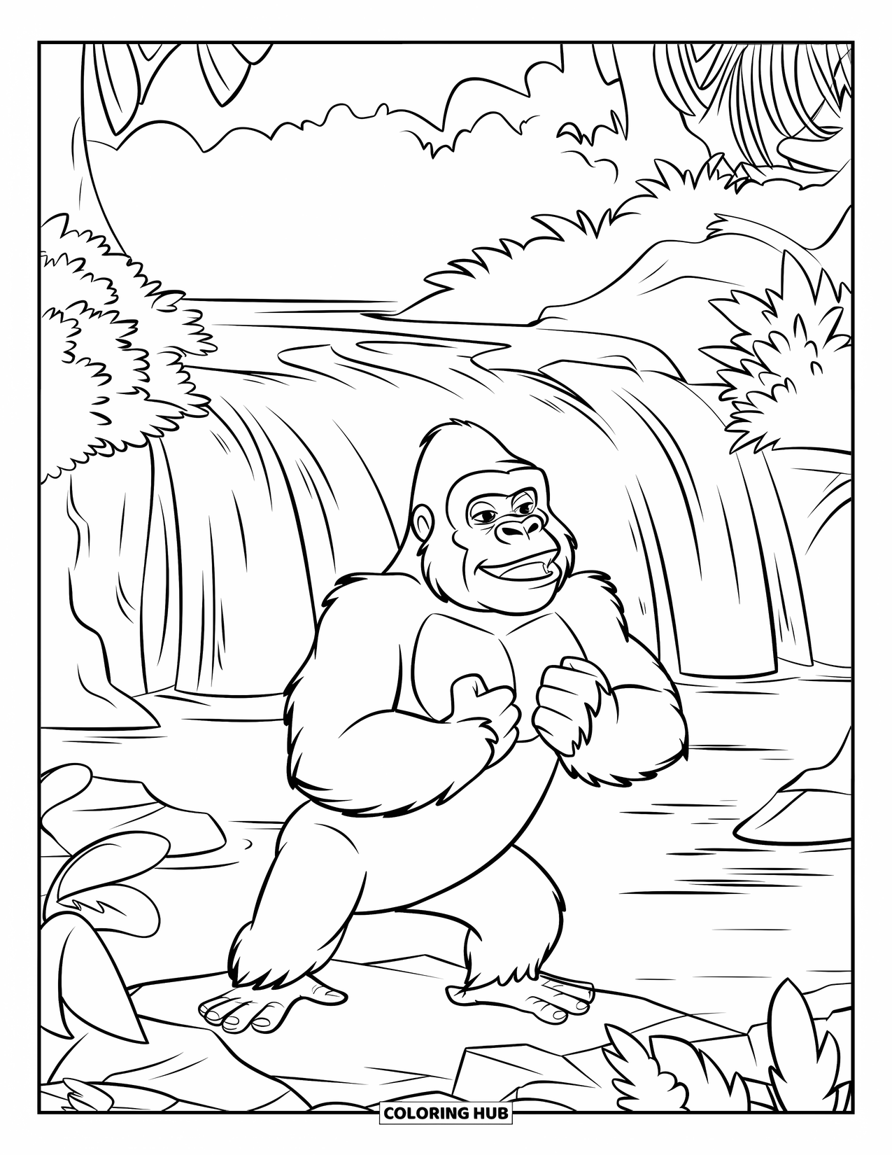 Jungle Animals Coloring Page for Kids: Gorilla on rocks roaring near a misty jungle waterfall