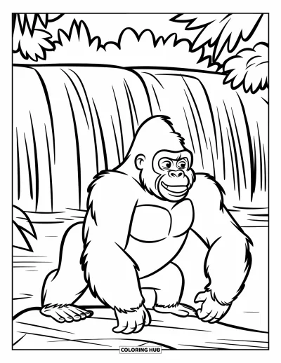 Dschungeltier-Ausmalbild für Kinder: Gorilla schlägt sich auf die Brust auf einem Felsen neben einem Wasserfall