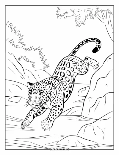 Dschungeltier-Ausmalbild für Kinder: Jaguar brüllt beim Springen über Dschungelfelsen
