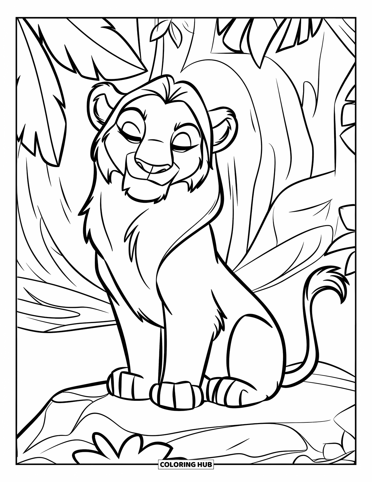 Jungle Animals Coloring Page for Kids: Lion resting on a rock under tall jungle trees