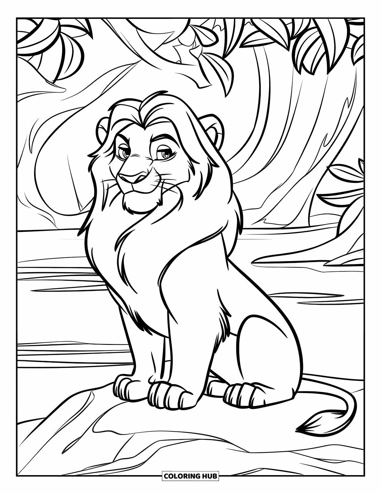 Jungle Animals Coloring Page for Kids: Lion sitting calmly on a rock in the jungle