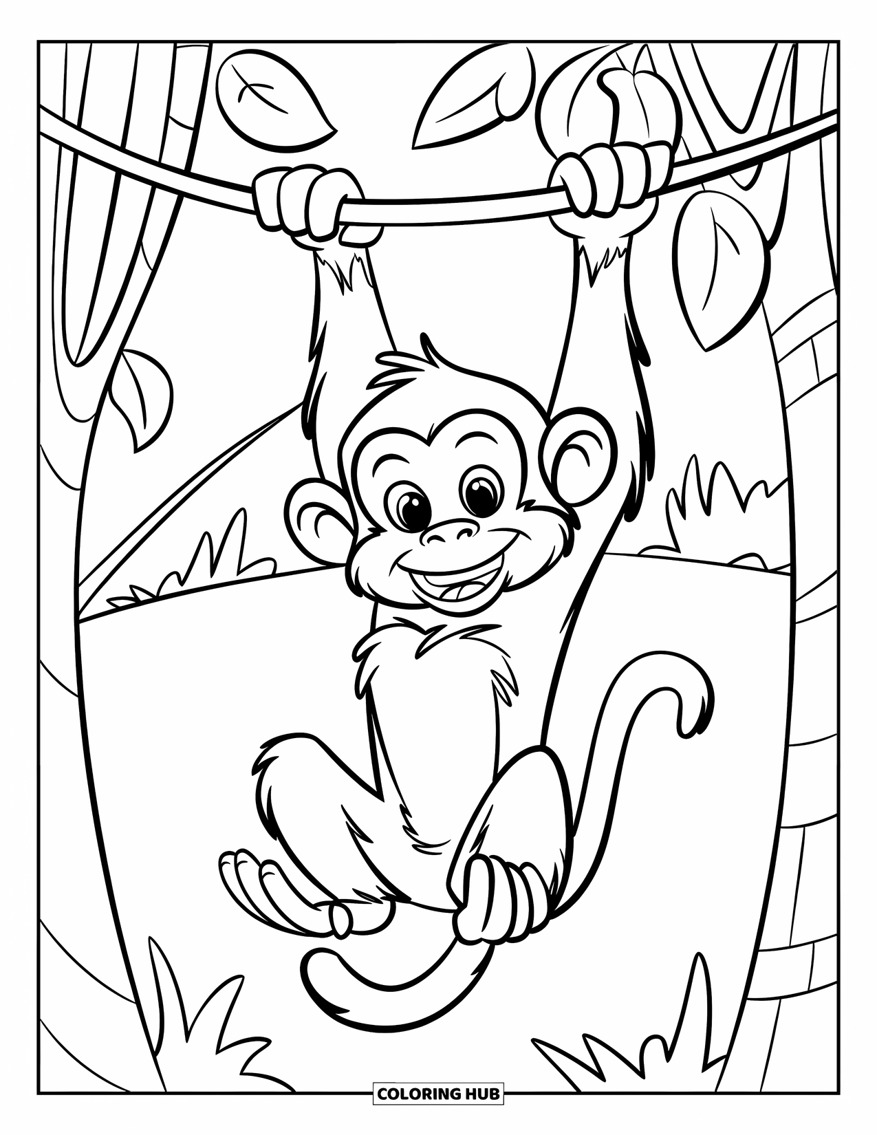 Jungle Animals Coloring Page for Kids: Monkey smiling while hanging from a jungle vine
