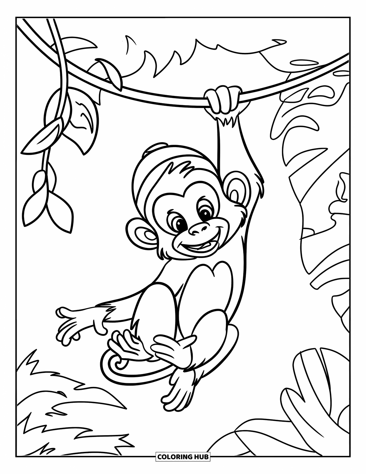 Jungle Animals Coloring Page for Kids: Monkey swinging from a vine with a playful smile