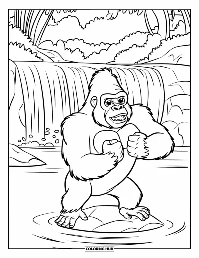 Dschungeltier-Ausmalbild für Kinder: Muskulöser Gorilla steht neben einem Wasserfall mit üppigem Grün