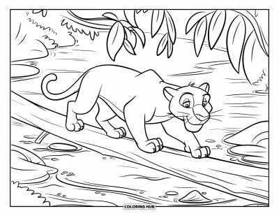 Dschungeltier-Ausmalbild für Kinder: Panther auf einem Baumstamm über einem Dschungelbach mit Felsen