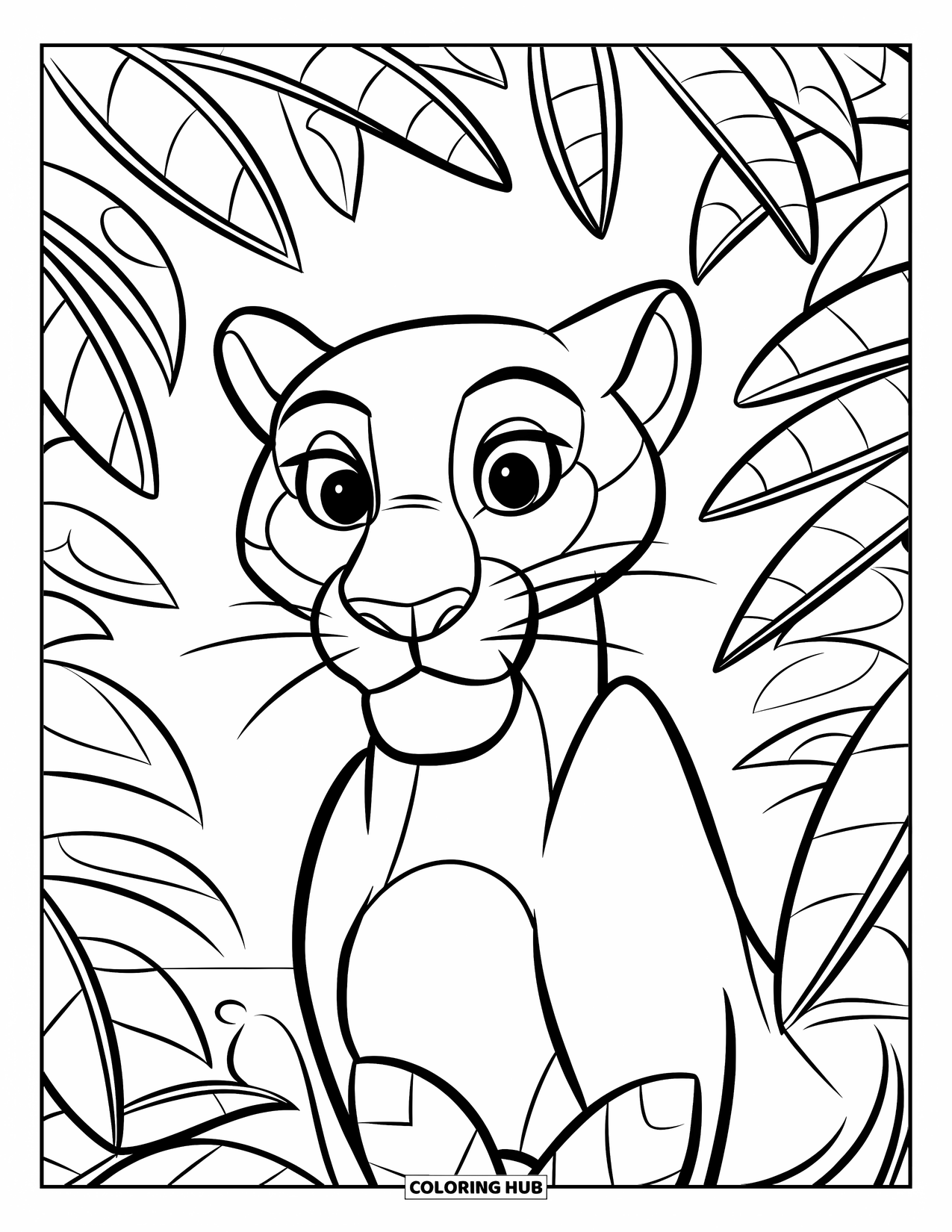 Jungle Animals Coloring Page for Kids: Panther peeking from behind thick jungle leaves