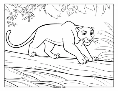 Dschungeltier-Ausmalbild für Kinder: Panther läuft auf einem Baumstamm über einem rauschenden Dschungelbach