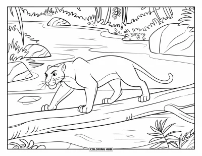 Dschungeltier-Ausmalbild für Kinder: Panther läuft auf einem Baumstamm über spiegelndes Dschungelwasser