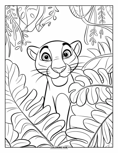 Dschungeltier-Ausmalbild für Kinder: Panther mit großen Augen lugt durch dichtes Dschungellaub