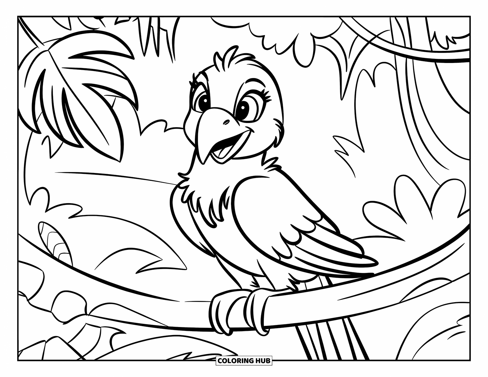 Jungle Animals Coloring Page for Kids: Parrot on a branch with simple jungle background