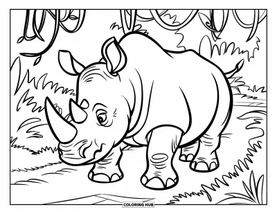 Dschungeltier-Ausmalbild für Kinder: Nashorn stapft auf einem Dschungelpfad mit Ranken entlang
