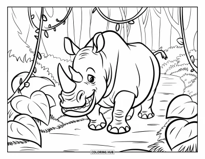 Dschungeltier-Ausmalbild für Kinder: Nashorn mit breitem Grinsen stapft durch belaubten Dschungel