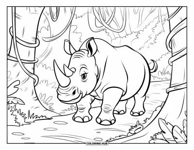 Dschungeltier-Ausmalbild für Kinder: Nashorn läuft auf einem Dschungelpfad mit Ranken