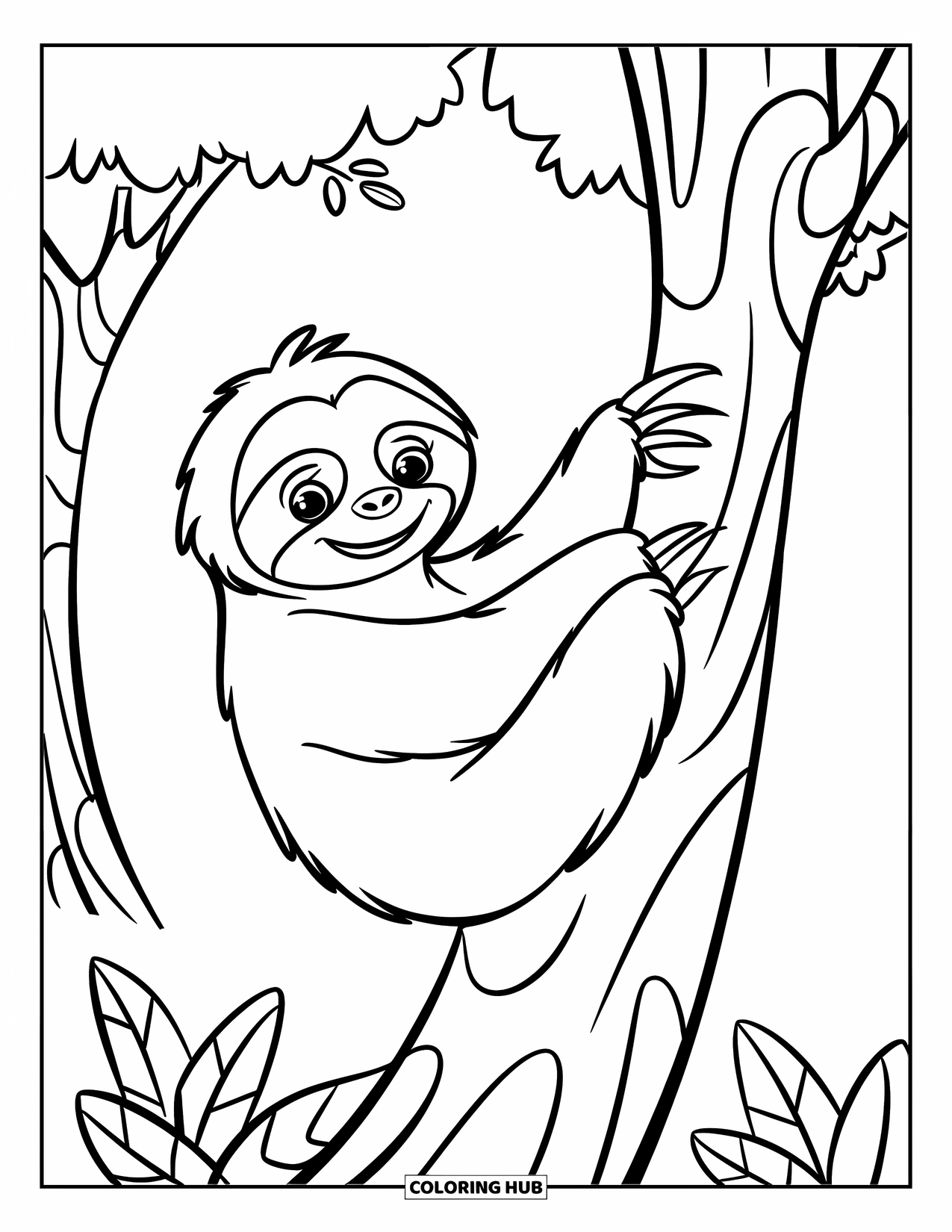 Jungle Animals Coloring Page for Kids: Sloth climbing down a tree trunk in a jungle