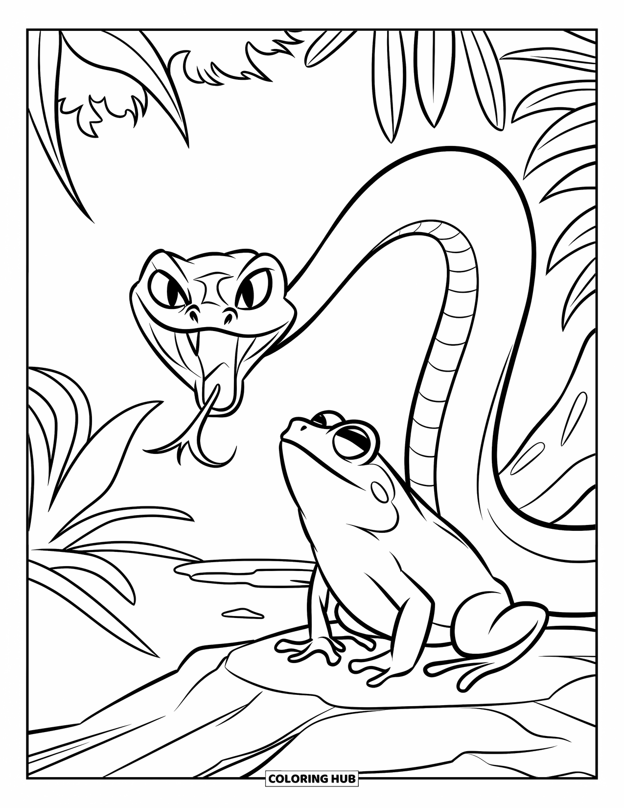 Jungle Animals Coloring Page for Kids: Snake coiled with open mouth facing a frog on a rock