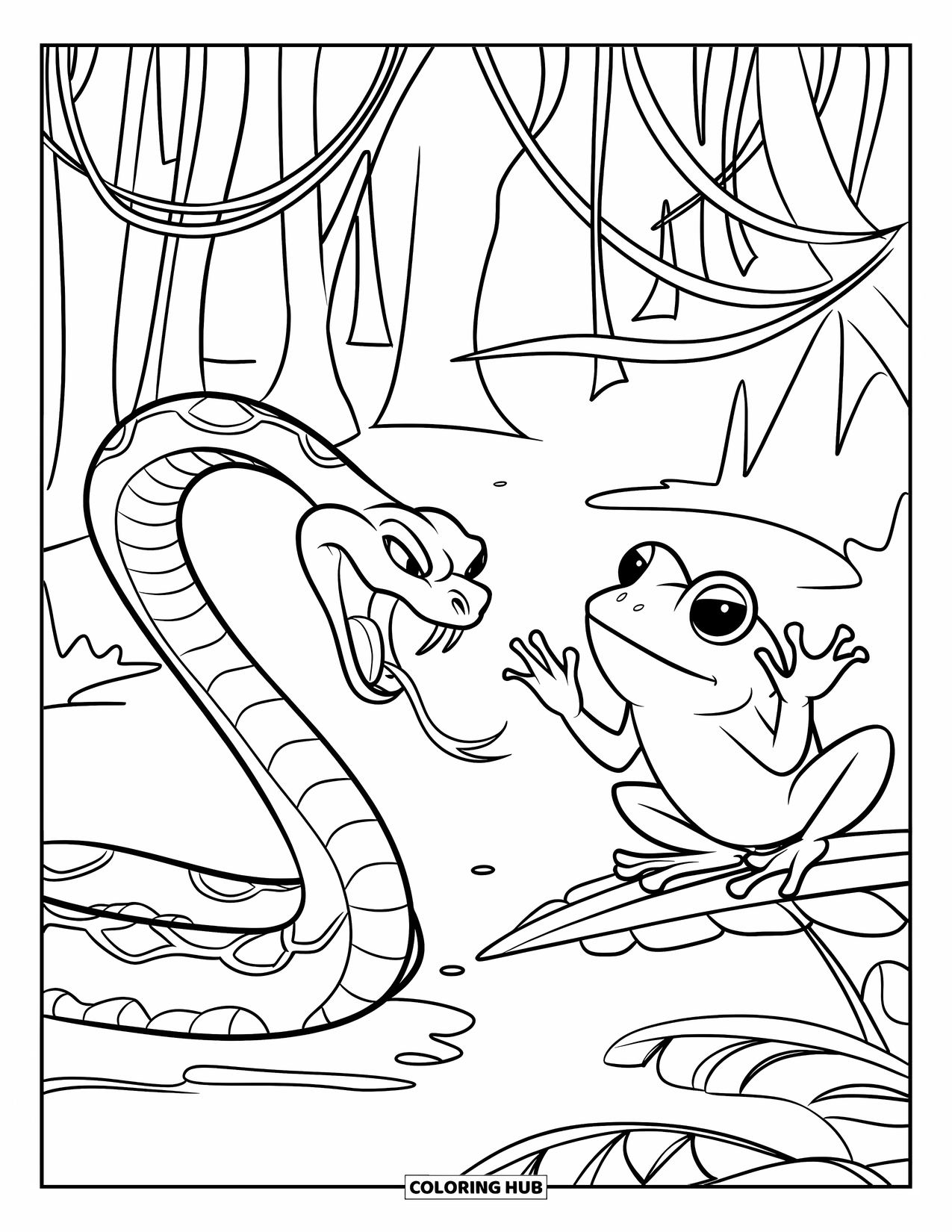 Jungle Animals Coloring Page for Kids: Snake ready to strike while frog raises its hands