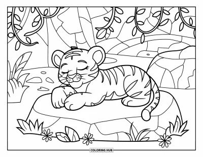 Dschungeltier-Ausmalbild für Kinder: Tigerjunges liegt auf einem Felsen mit Blumen und Ranken