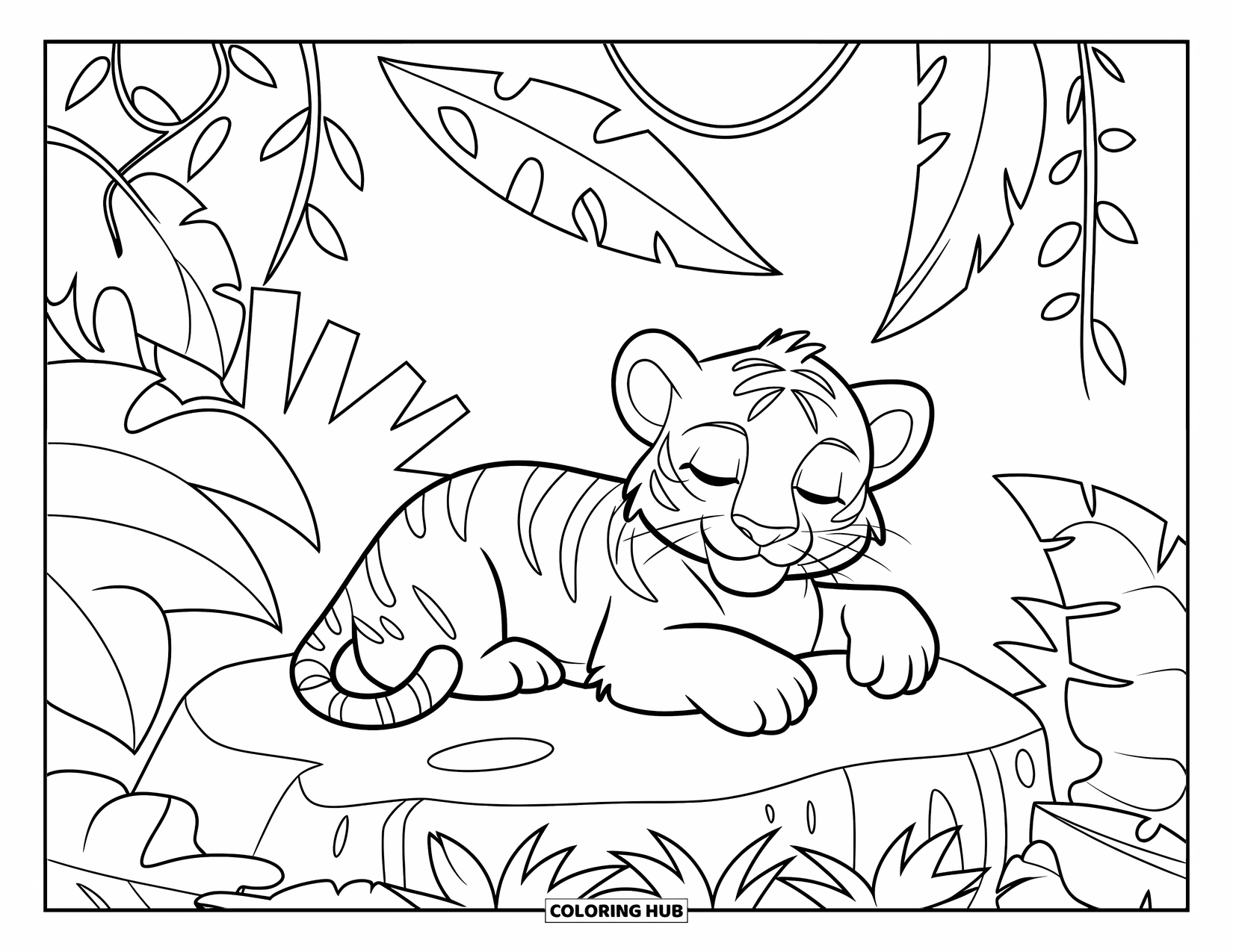Jungle Animals Coloring Page for Kids: Tiger cub peacefully resting among jungle plants