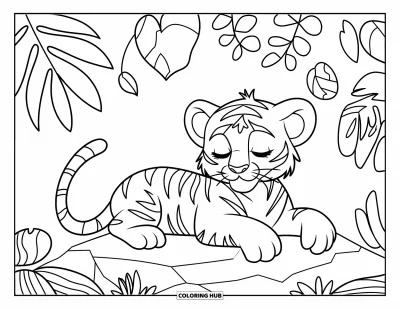 Dschungeltier-Ausmalbild für Kinder: Tigerjunges ruht auf einem Felsen umgeben von Dschungelpflanzen
