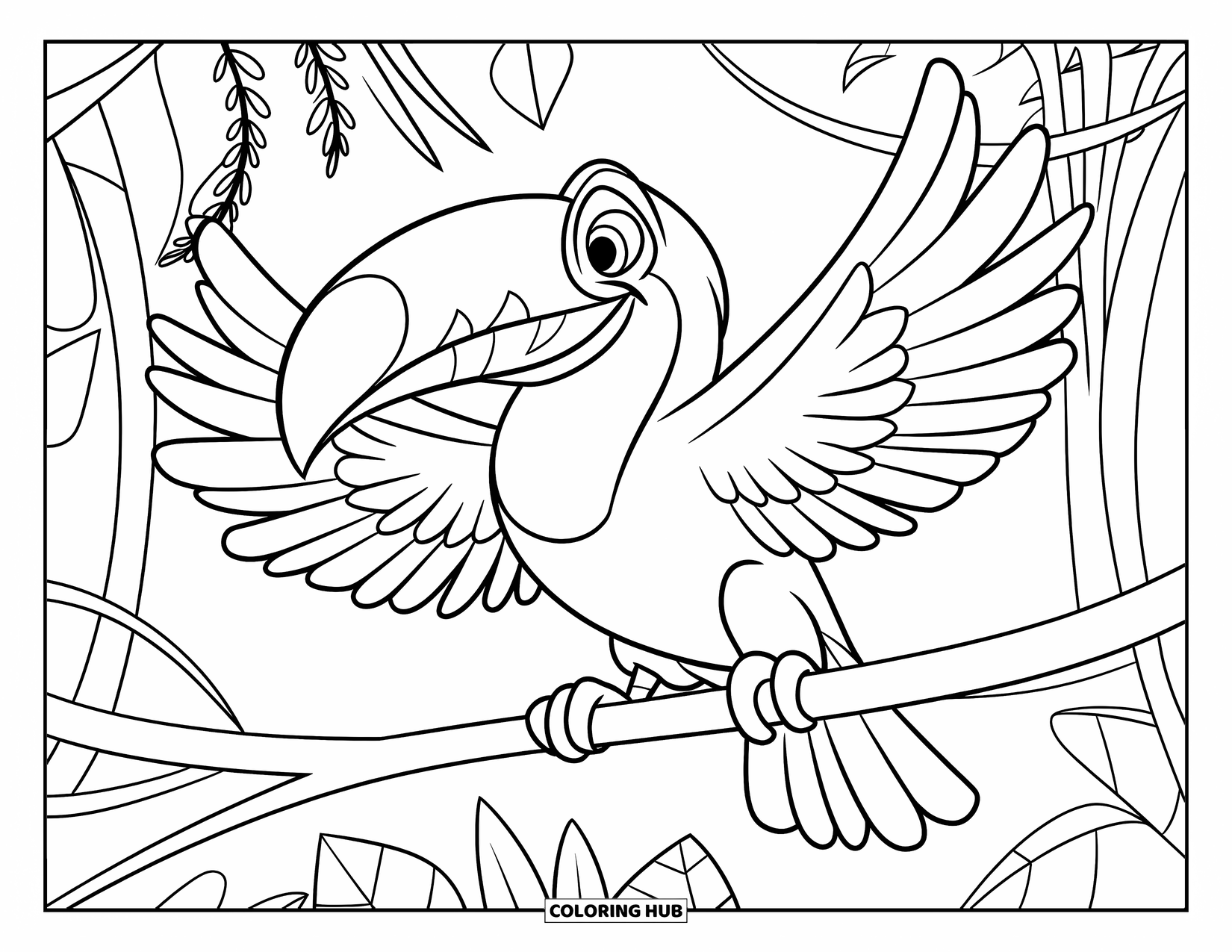 Jungle Animals Coloring Page for Kids: Toucan with wings open sitting on jungle branch